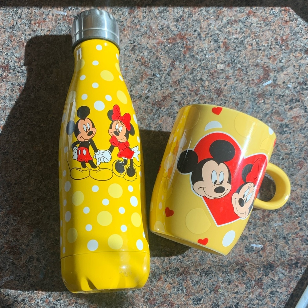 Disney Yellow Mickey & Minnie Mouse Heart Polka Dot Water Bottle & Mug Set